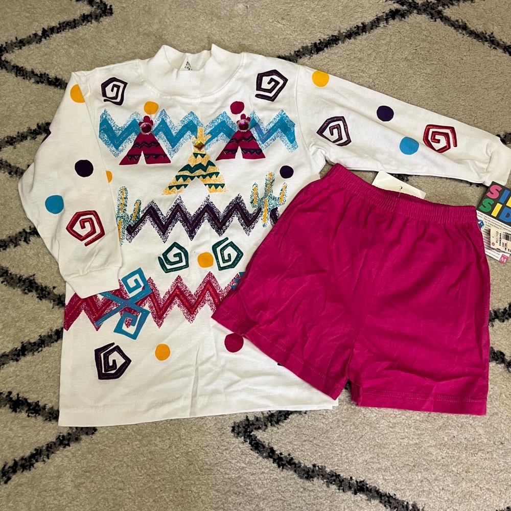 Vintage Girls 80s 90s Side x Side Abstract Top Radishes Roses Shorts Set 5/6 NWT